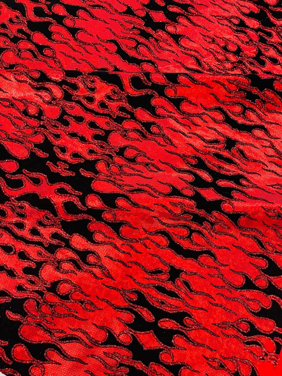 1 Yard Hot Rod Tricot Holographic Spandex Fabric Black Flocking Flames Red Glitter 4 Way Stretch 58-60 inches width